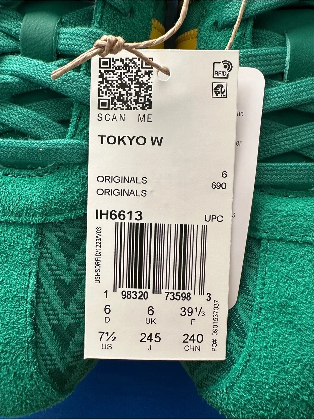 NWB: WMS Adidas Tokyo W Green with Yellow Three-Stripe Sneakers size 7.5